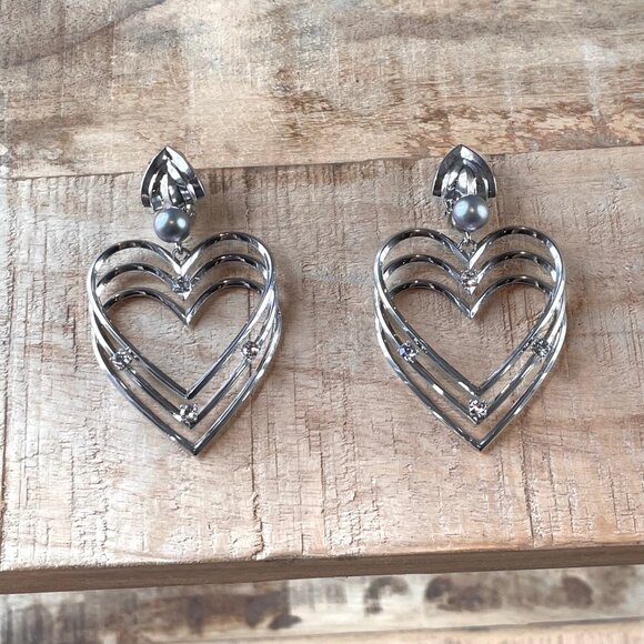 Balenciaga Silver Crystals Pearl Triple Hearts Earrings - Picture 1 of 8